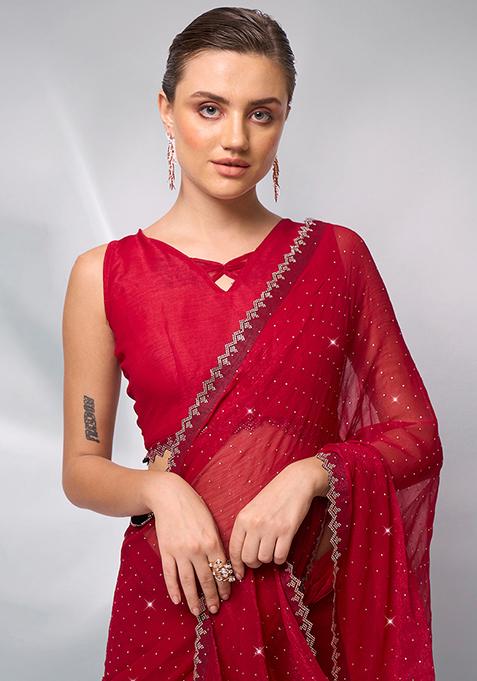 Red Swarovski Work Moss Brasso Saree Set