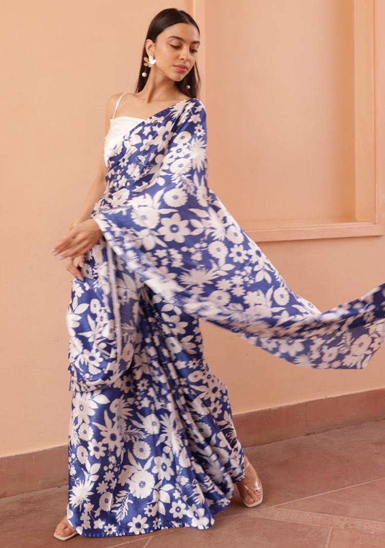 Blue Digital Print Nylon Satin Saree Set