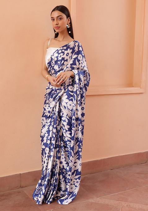 Blue Digital Print Nylon Satin Saree Set