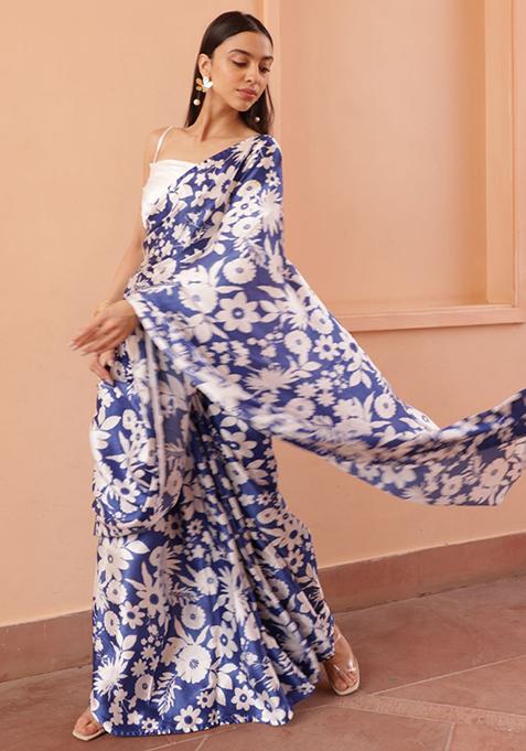 Blue Digital Print Nylon Satin Saree Set