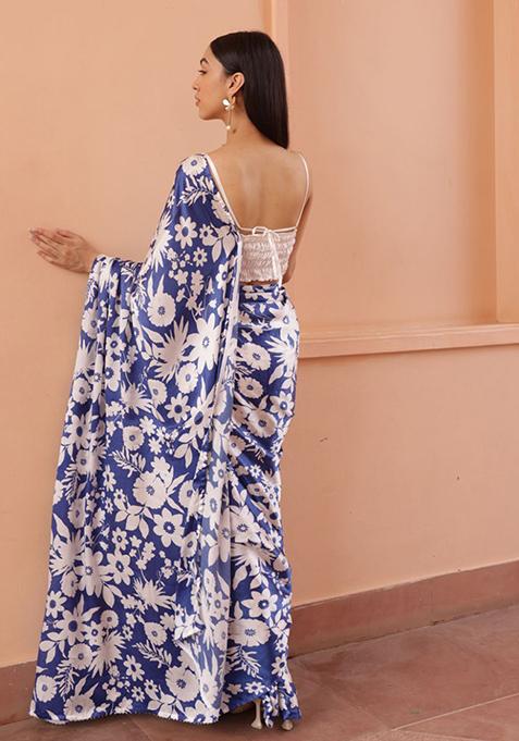 Blue Digital Print Nylon Satin Saree Set