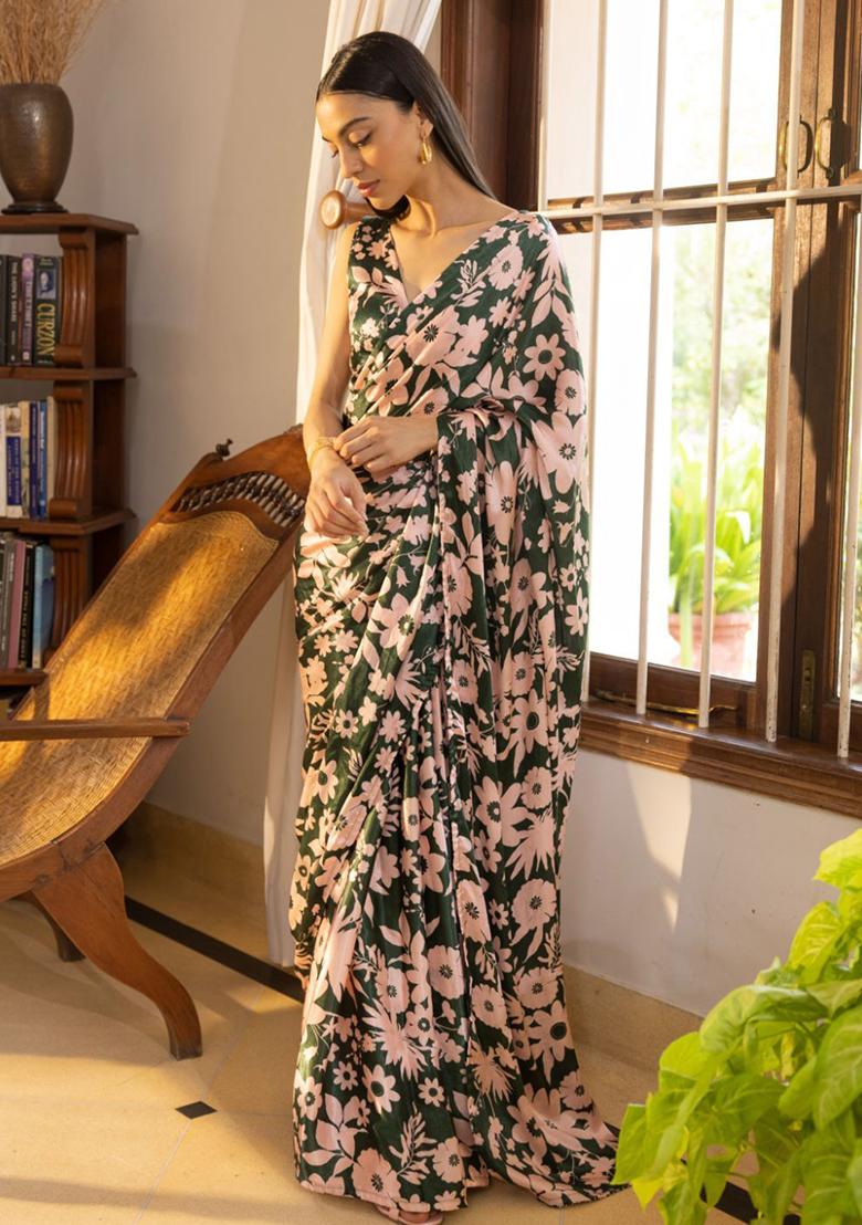 Green Digital Print Nylon Satin Saree Set