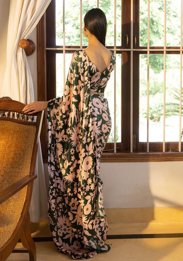 Green Digital Print Nylon Satin Saree Set