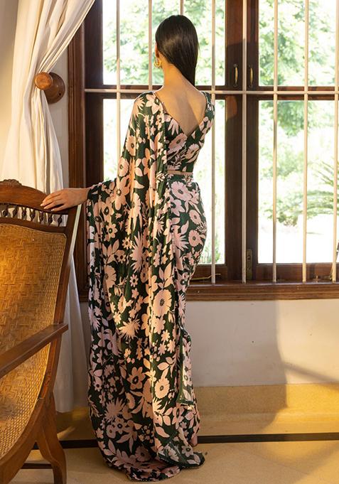 Green Digital Print Nylon Satin Saree Set