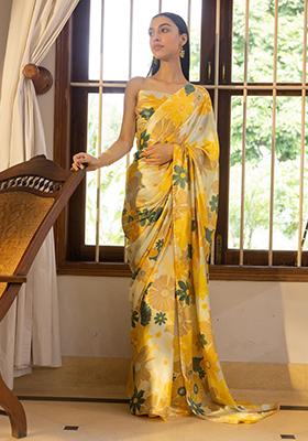 Yellow Digital Print Nylon Satin Saree Set