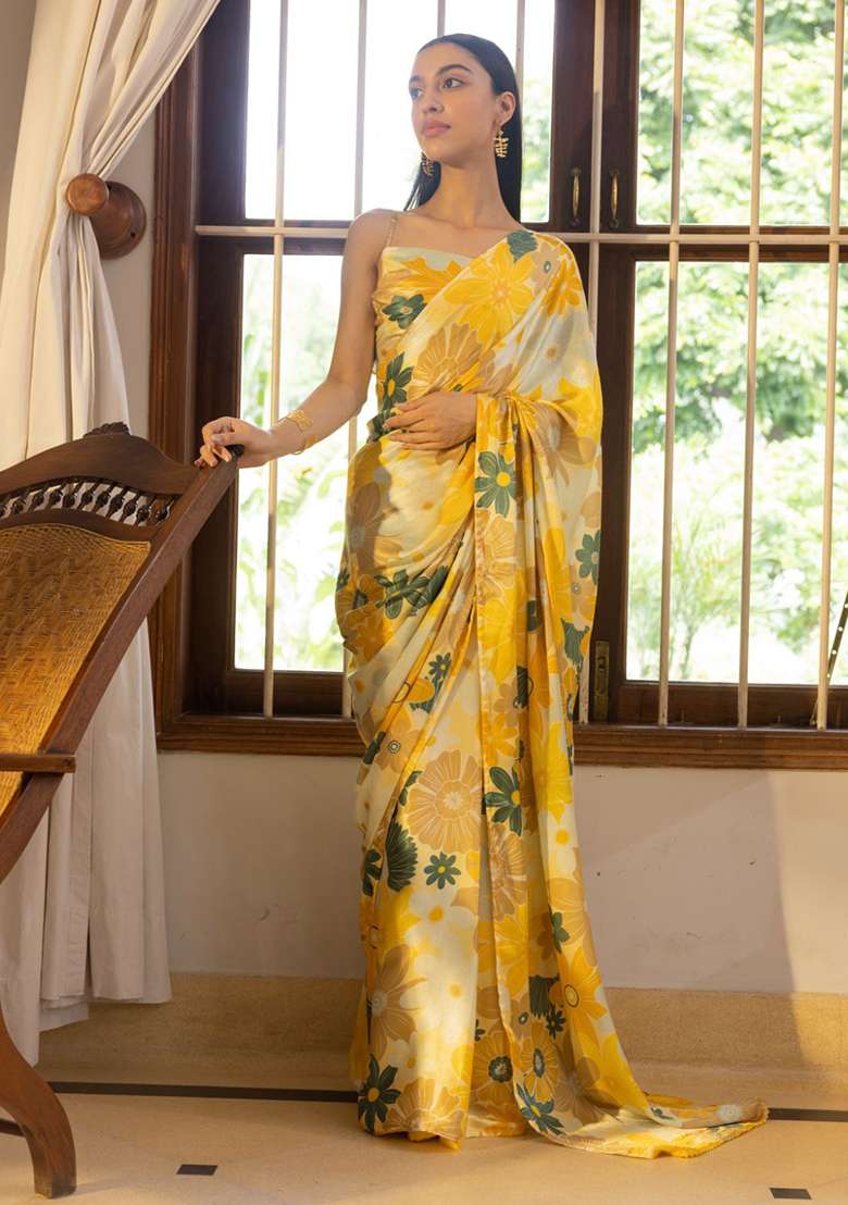 Yellow Digital Print Nylon Satin Saree Set - Indya