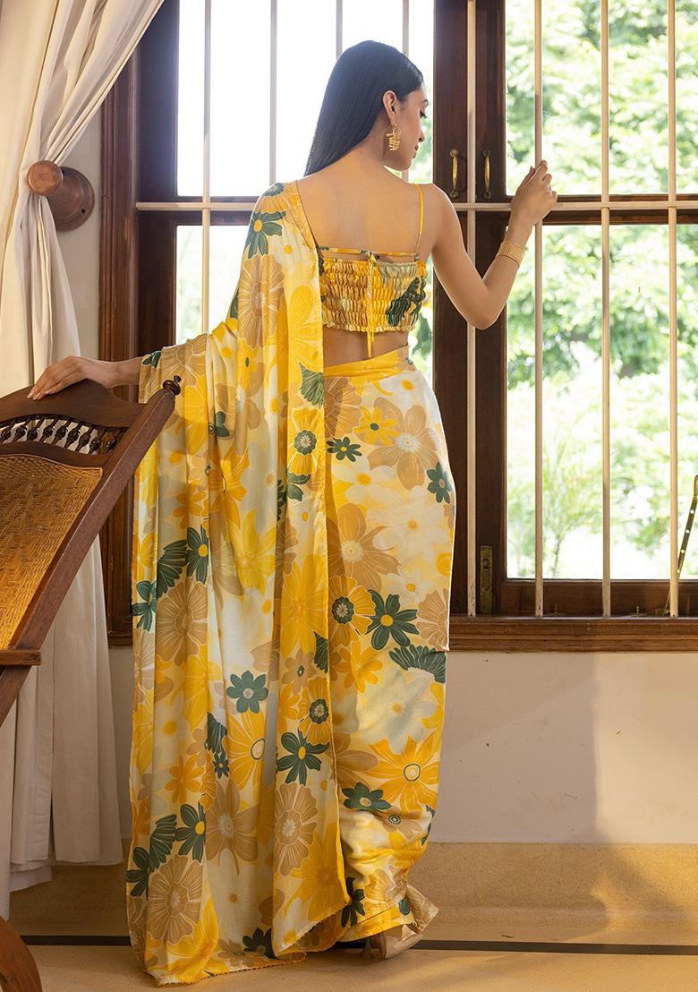Yellow Digital Print Nylon Satin Saree Set