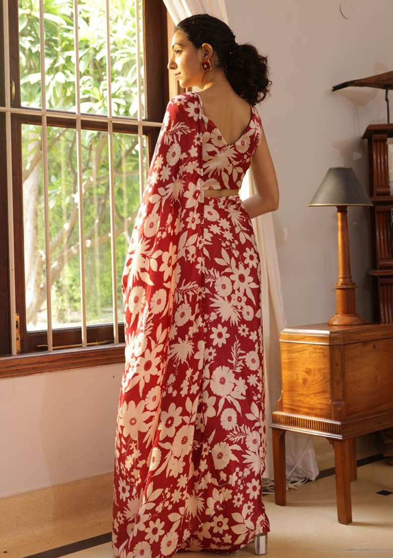Maroon Digital Print Nylon Satin Saree Set - Indya