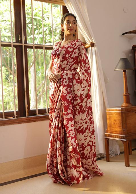 Maroon Digital Print Nylon Satin Saree Set