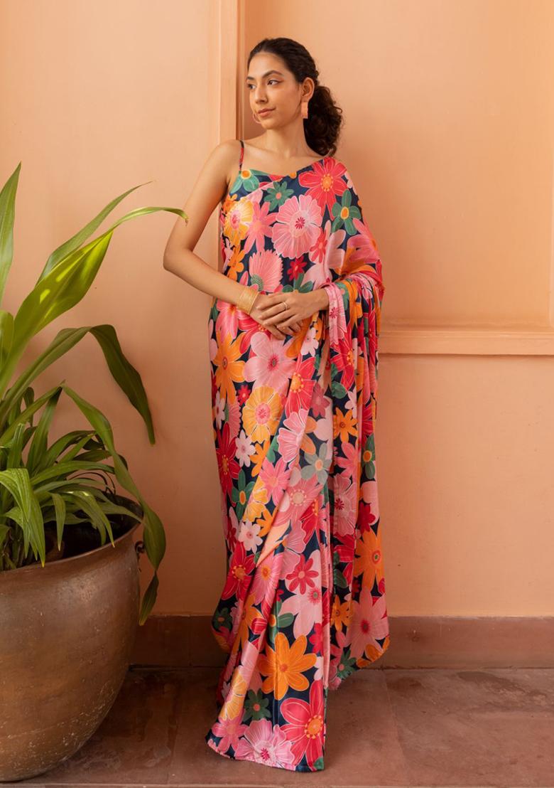 Pink Digital Print Nylon Satin Saree Set