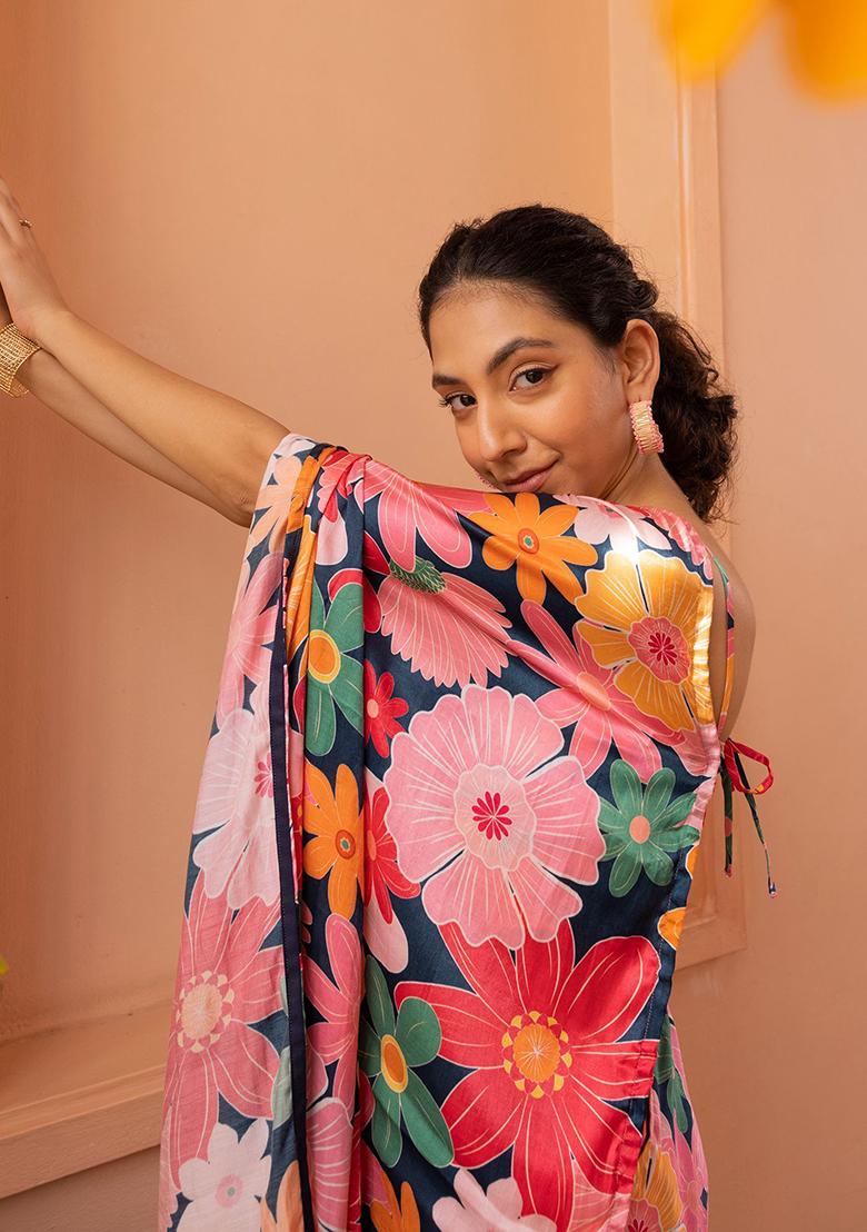 Pink Digital Print Nylon Satin Saree Set