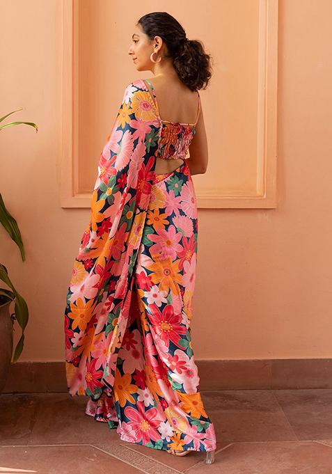 Pink Digital Print Nylon Satin Saree Set