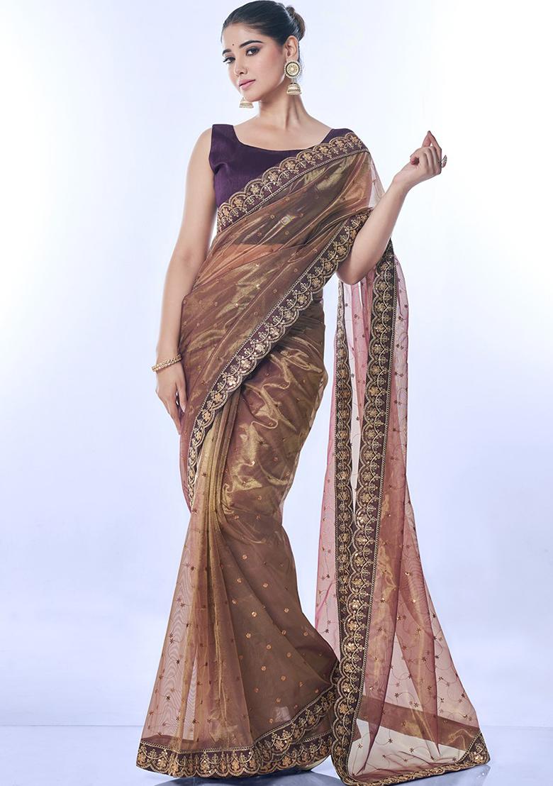 Brown Sequin Embroidered Net Saree Set