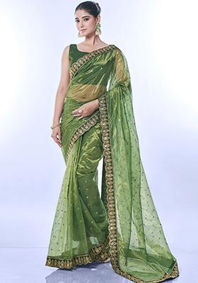 Green Sequin Embroidered Net Saree Set