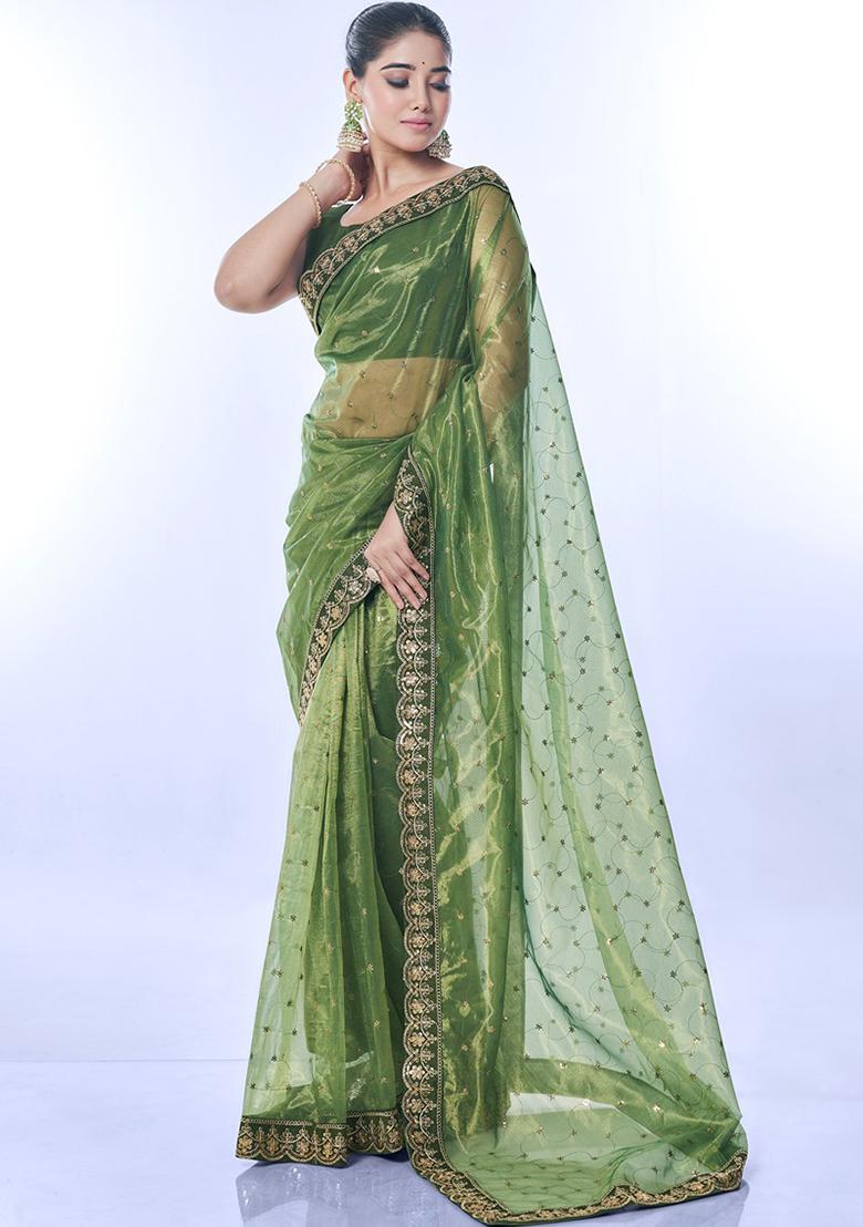 Green Sequin Embroidered Net Saree Set