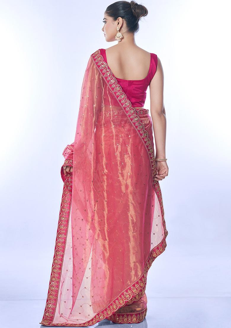 Pink Sequin Embroidered Net Saree Set