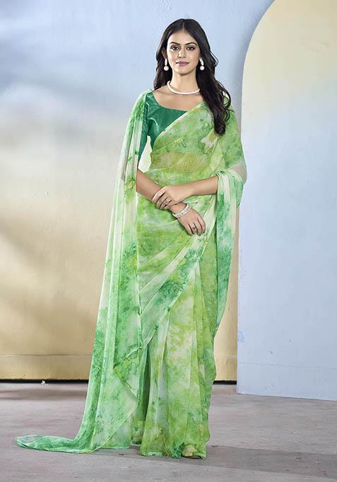Sea Green Printed Georgette Saree Set