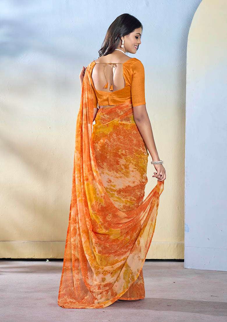 Orange Printed Georgette Saree Set - Indya