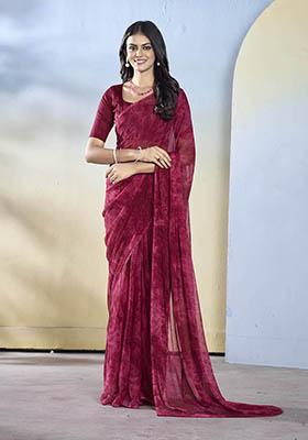 Burgundy Printed Georgette Saree Set