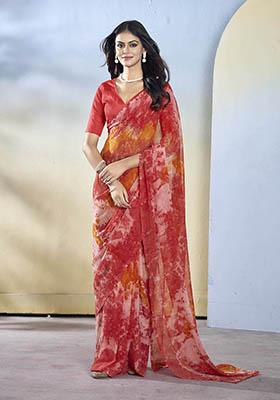 Maroon Printed Georgette Saree Set
