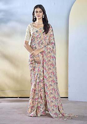 Off White Printed Georgette Saree Set