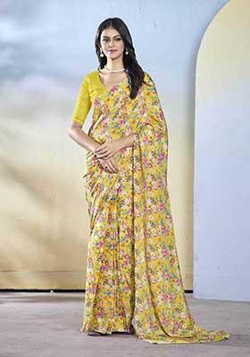 Yellow Printed Georgette Saree Set