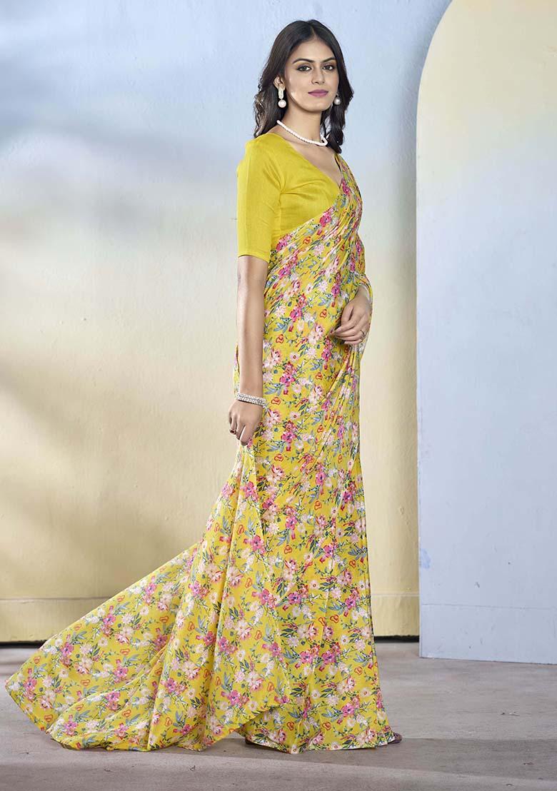 Yellow Printed Georgette Saree Set