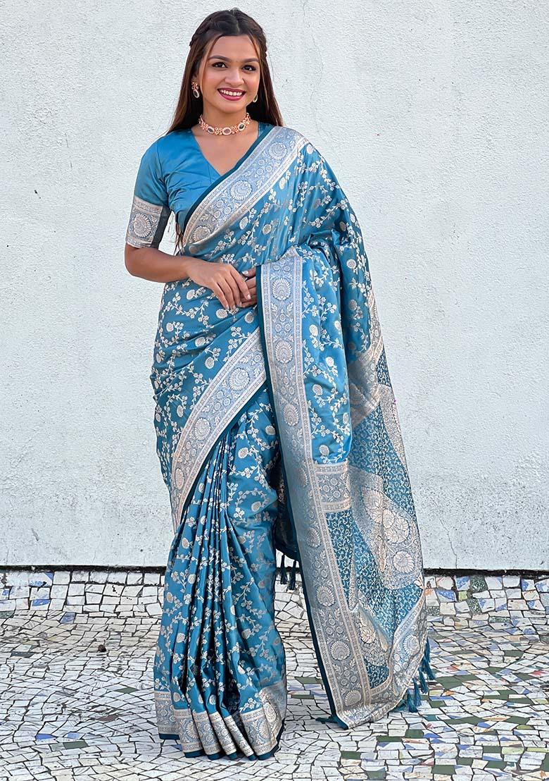Blue Zari Woven Banarasi Silk Saree Set