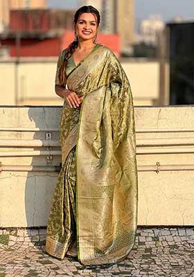 Green Zari Woven Banarasi Silk Saree Set
