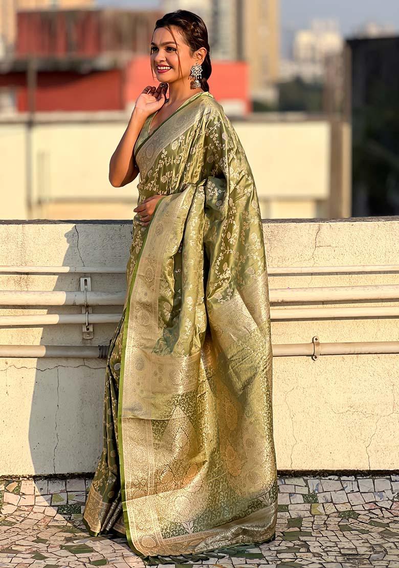 Green Zari Woven Banarasi Silk Saree Set