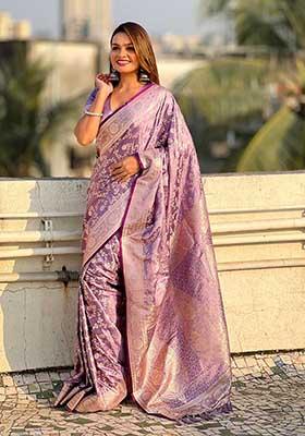 Purple Zari Woven Banarasi Silk Saree Set