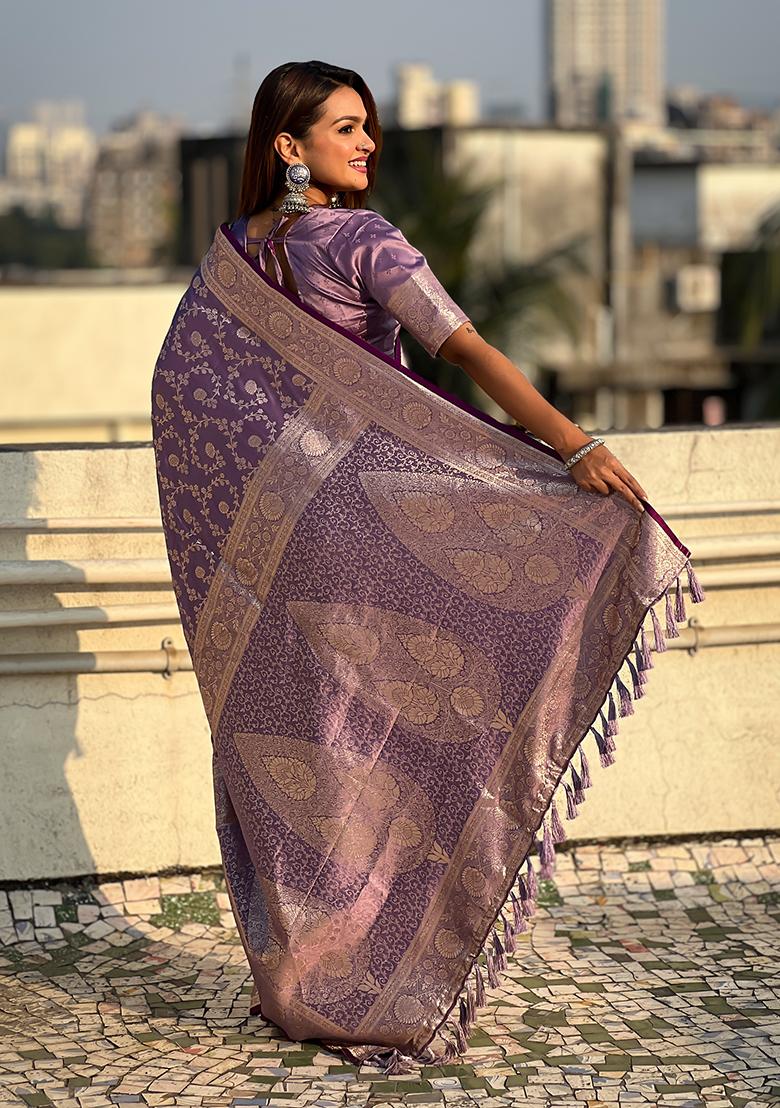 Purple Zari Woven Banarasi Silk Saree Set