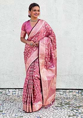 Pink Zari Woven Banarasi Silk Saree Set