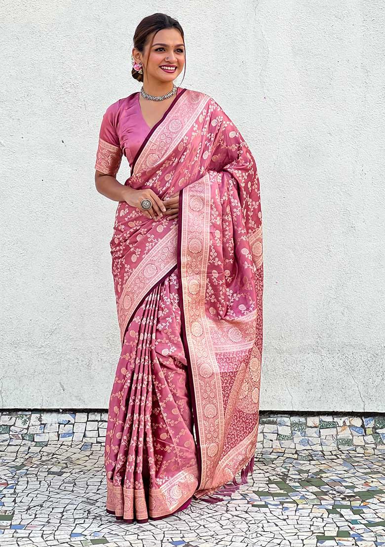 Pink Zari Woven Banarasi Silk Saree Set