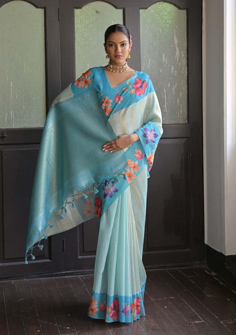 Firozi Zari Woven Soft Silk Saree Set