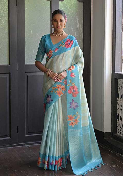 Firozi Zari Woven Soft Silk Saree Set
