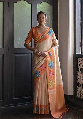 Orange Zari Woven Soft Silk Saree Set