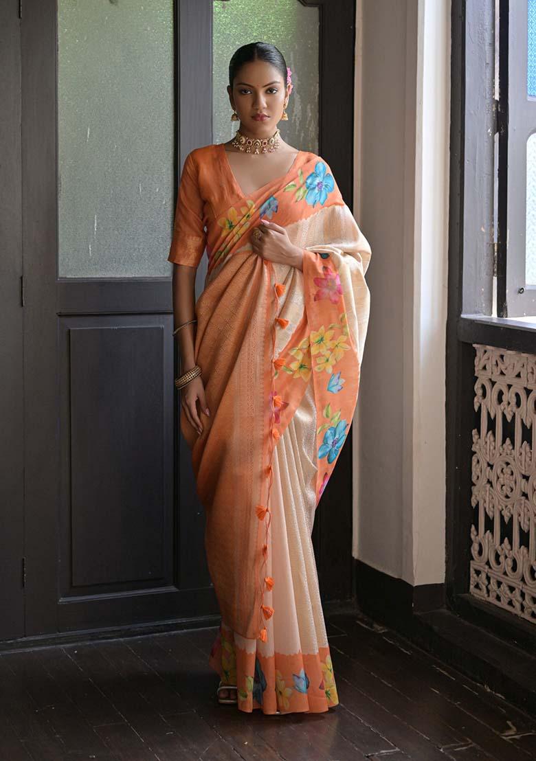 Orange Zari Woven Soft Silk Saree Set