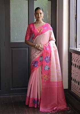 Pink Zari Woven Soft Silk Saree Set