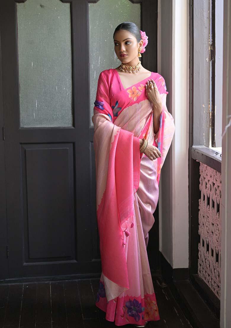 Pink Zari Woven Soft Silk Saree Set