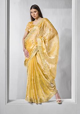 Yellow Embroidered Burberry Silk Saree Set