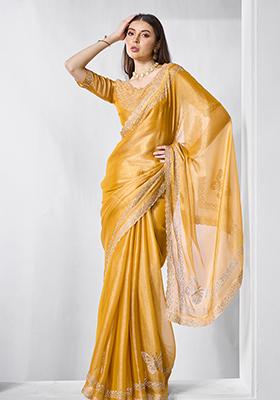 Yellow Swarovski Work Burberry Silk Saree Set