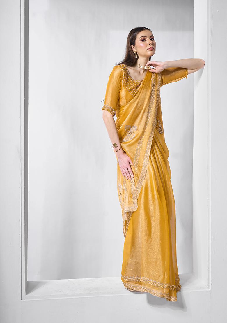 Yellow Swarovski Work Burberry Silk Saree Set