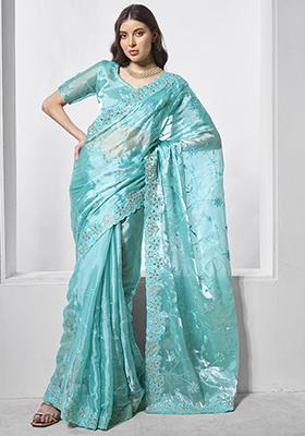 Blue Embroidered Burberry Silk Saree Set