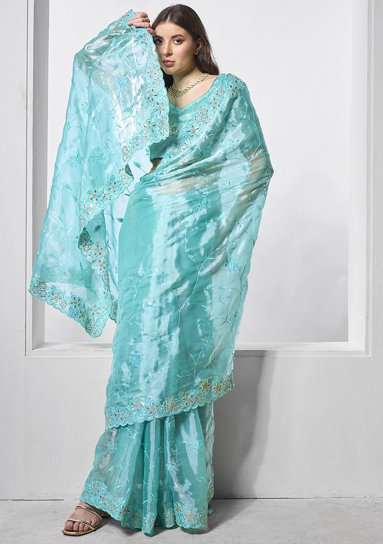 Blue Embroidered Burberry Silk Saree Set