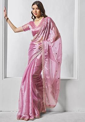 Pink Embroidered Burberry Silk Saree Set