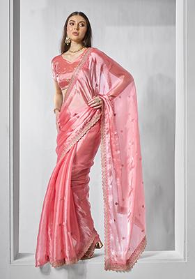 Coral Embroidered Burberry Silk Saree Set