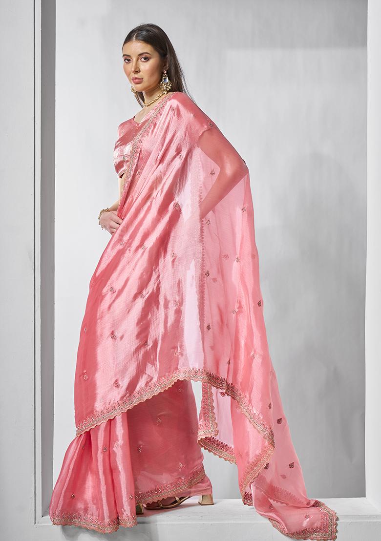 Coral Embroidered Burberry Silk Saree Set
