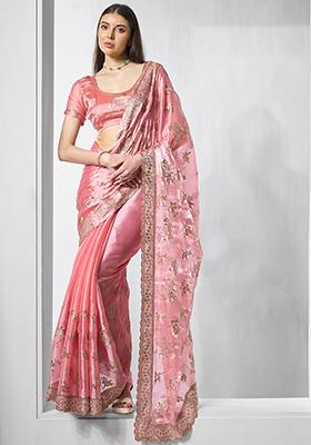 Coral Embroidered Burberry Silk Saree Set