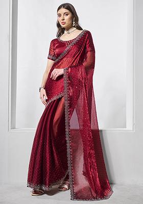 Maroon Swarovski Work Burberry Silk Saree Set